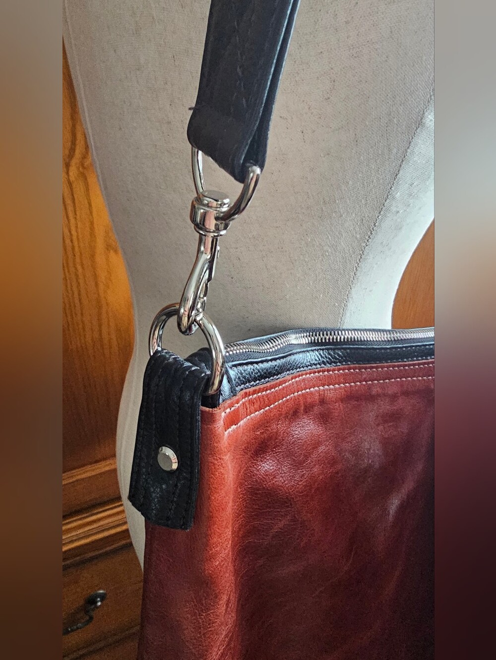 Rough And Tumble Leather Bucket Shoulder Bag in Burgundy and Black - Picture 6 of 15